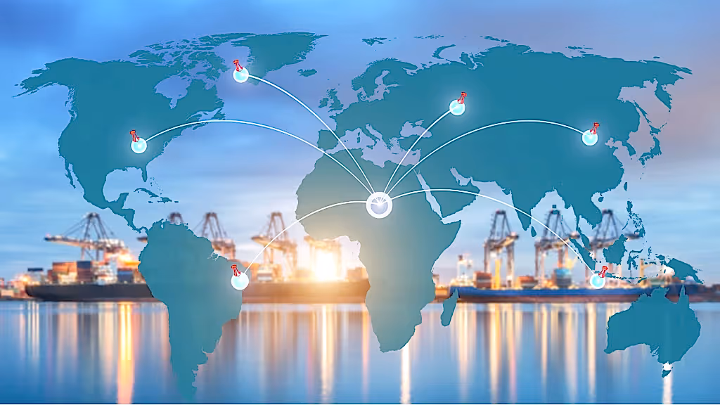 Küresel ticaret ağlarını gösteren dünya haritası, liman ve gemi arka planı üzerinde ihracat bağlantılarını simgeleyen çizgiler ve bağlantı noktaları.