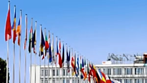 Bir dizi ülke bayrağı, bayrak direklerinde gökyüzüne karşı dalgalanıyor