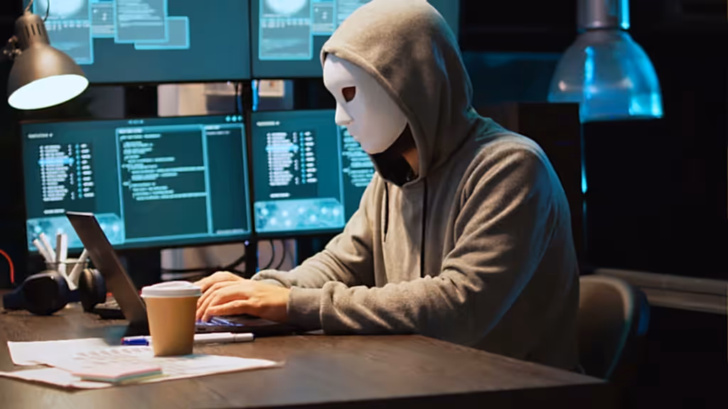 Bilgisayar başında maske takan bir kişi, karanlık ortamda bilgisayar ekranlarına bakıyor