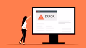 Ekranda "Error" mesajına bakan bir kadın figürü, web platformlarında yaşanan teknik aksaklıkları simgeliyor.