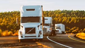 Bir dizi beyaz kamyon, karayolunda sıralanmış bir şekilde bekliyor.