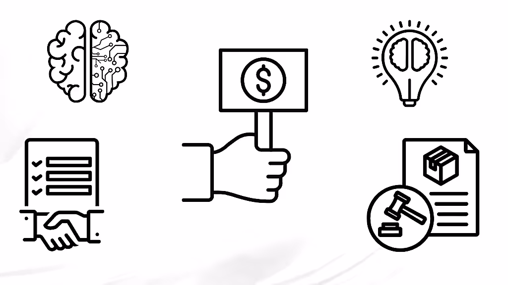 Beyin, fikir, sözleşme, ticaret ve teklif verme gibi iş dünyasını simgeleyen ikonlar