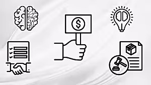 Beyin, fikir, sözleşme, ticaret ve teklif verme gibi iş dünyasını simgeleyen ikonlar