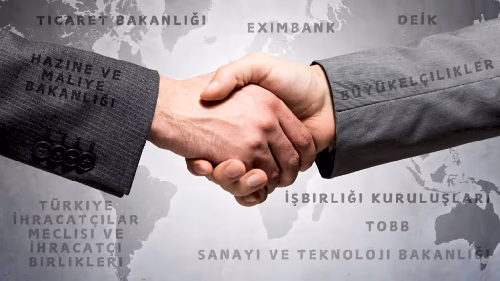 Dünya haritası önünde el sıkışan iki kişi, çevresinde ticaret ve ekonomi kuruluşlarının isimleri