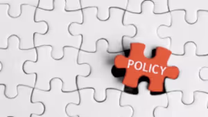 Beyaz puzzle parçaları arasında kırmızı üzerinde policy yazılı yapboz parçası