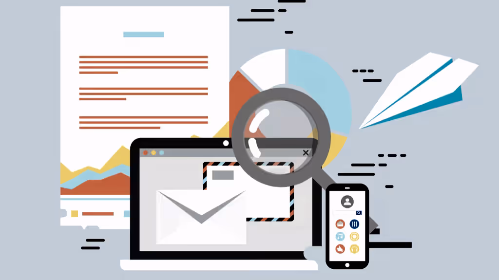 Zarf, analiz grafikleri ve mobil ekranın bir arada gösterildiği görsel, e-posta pazarlamasının ve analizlerin önemini simgeliyor.