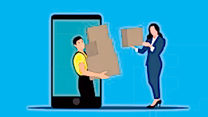 Bir çalışan telefon ekranından kutularla çıkarak bir müşteriye paket teslim ediyor, bu da dijital sipariş ve teslimat süreçlerini temsil ediyor.