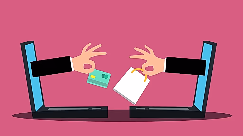 İki laptop ekranından çıkan eller, birinde kredi kartı, diğerinde alışveriş poşeti tutuyor; bu, e-ihracatın dijital ticaretteki rolünü simgeliyor.