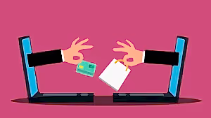 İki laptop ekranından çıkan eller, birinde kredi kartı, diğerinde alışveriş poşeti tutuyor; bu, e-ihracatın dijital ticaretteki rolünü simgeliyor.